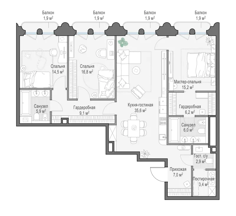 3-комн. 125 м²