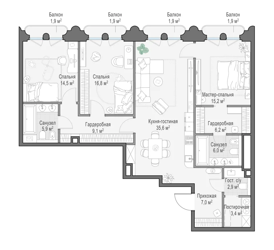 3-комн. 125 м²