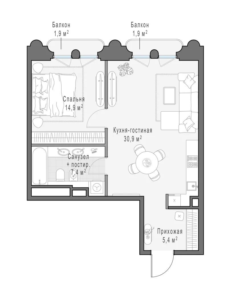 1-комн. 59.9 м²