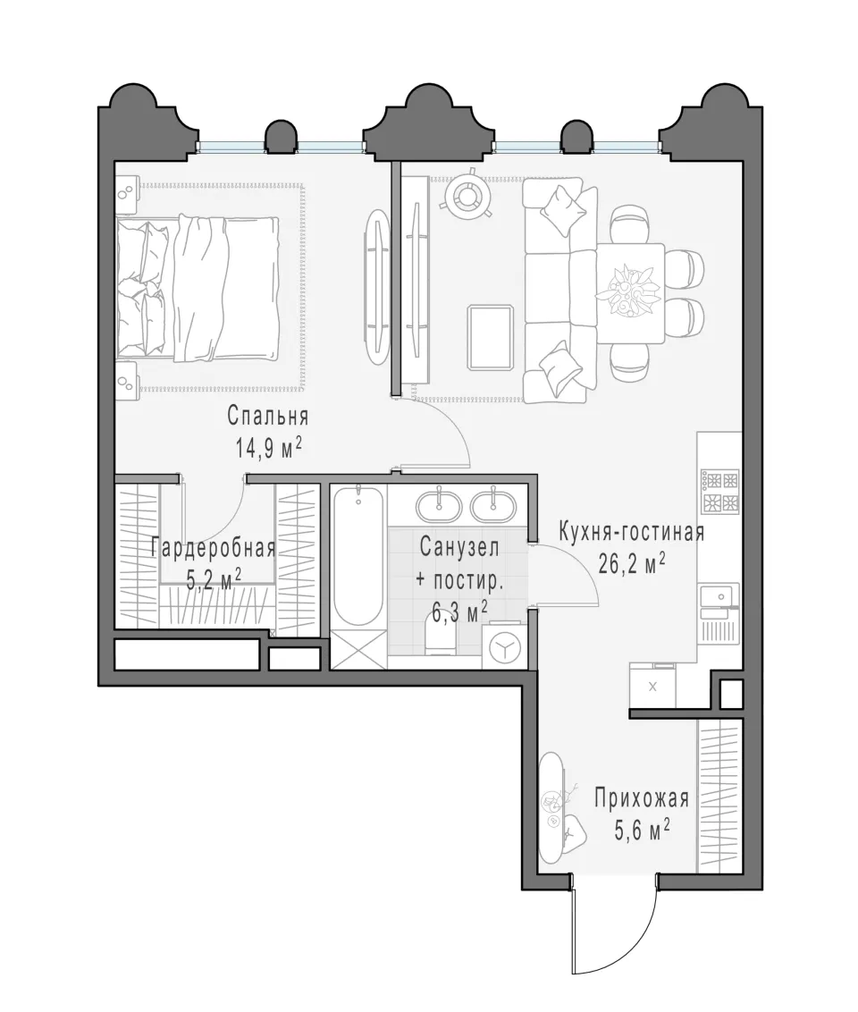 1-комн. 58,7 м²