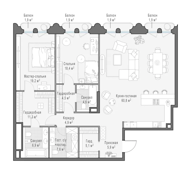 3-комн. 149 м²