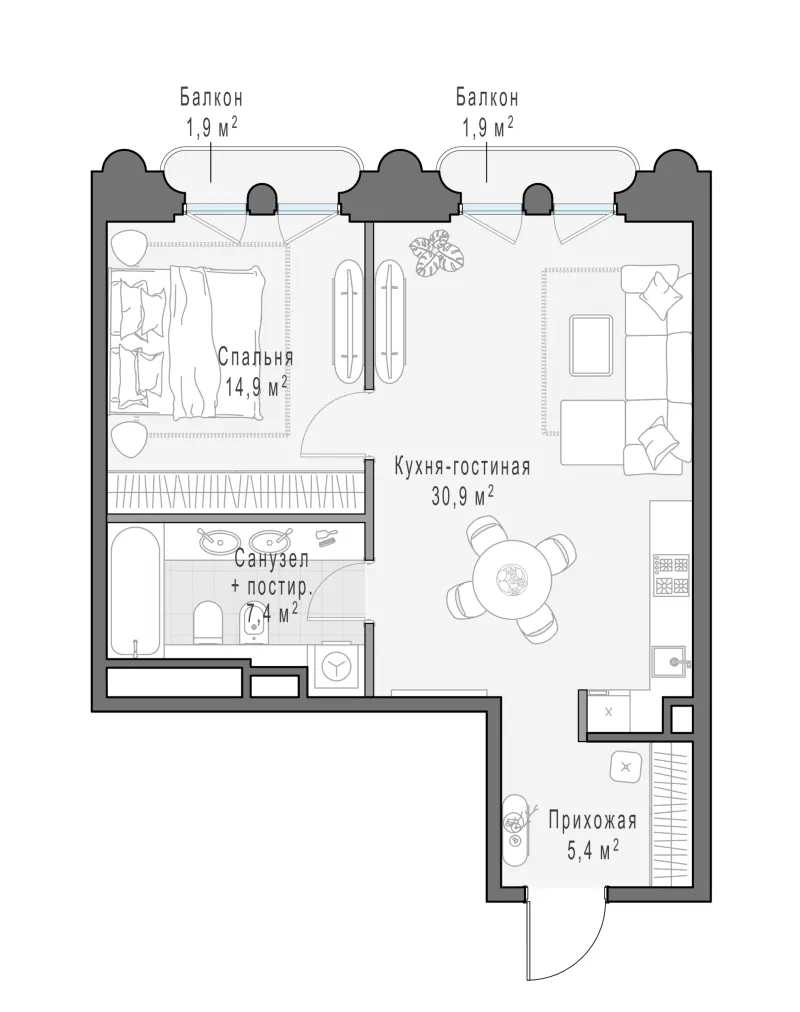 1-комн. 59.9 м²