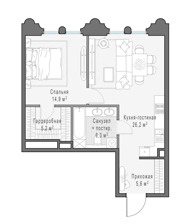 1-комн. 58.7 м²