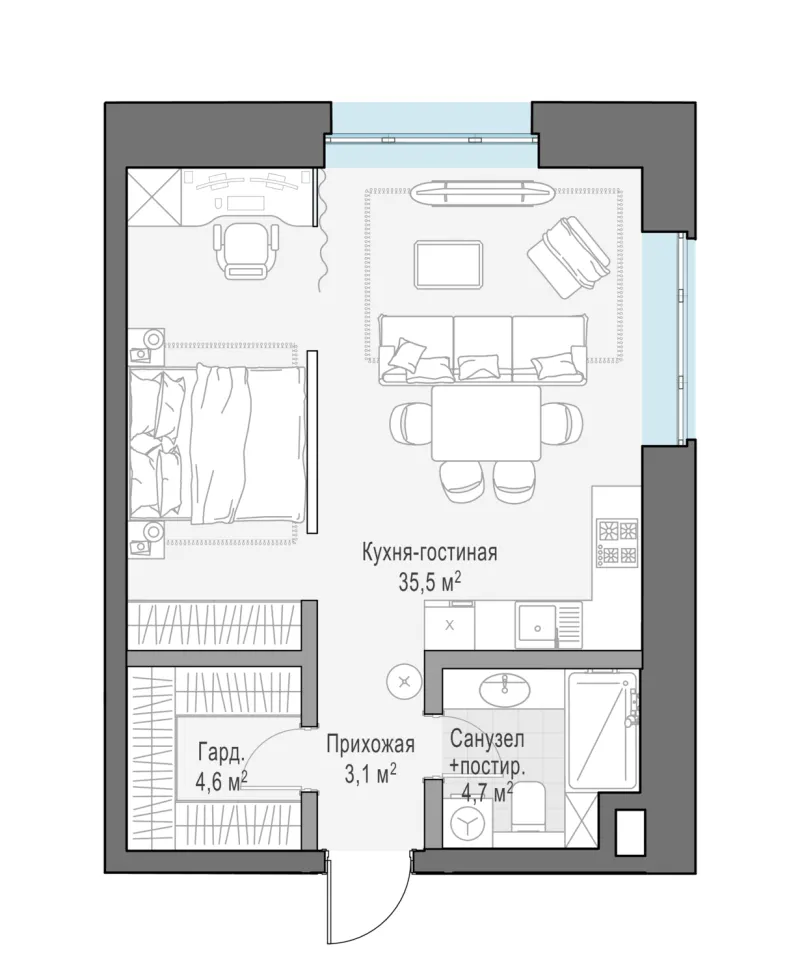 Студия 49.6 м²
