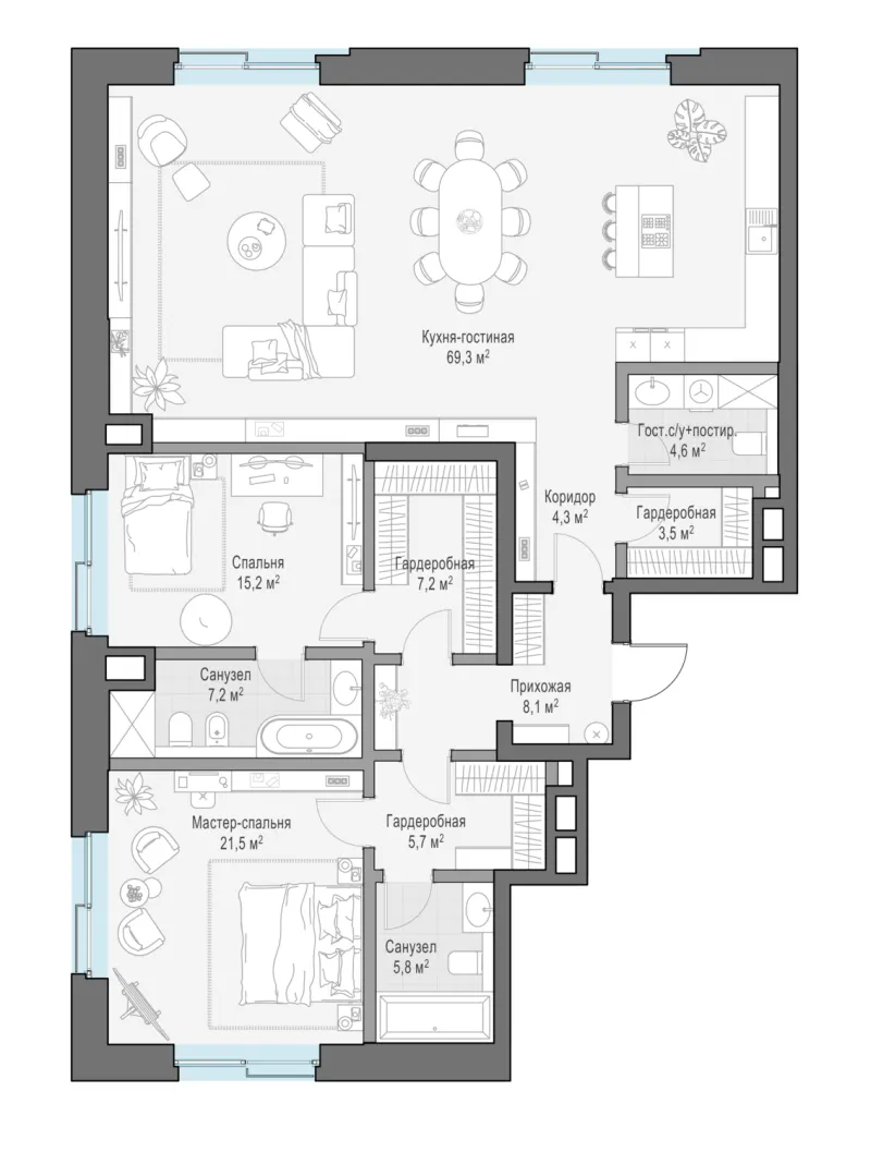 3-комн. 157.2 м²