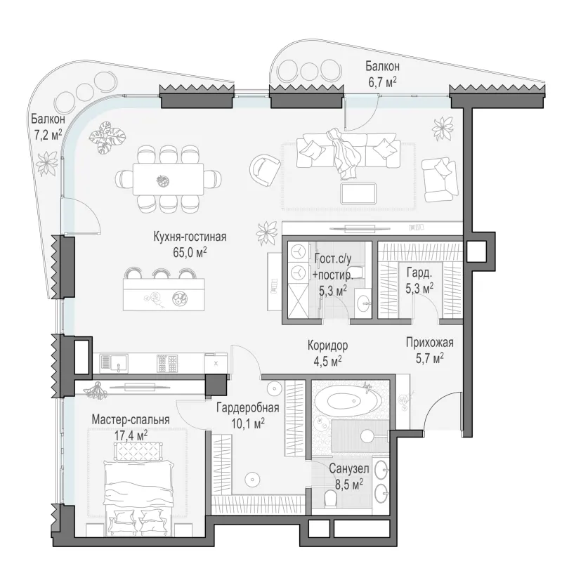 2-комн. 124.7 м²