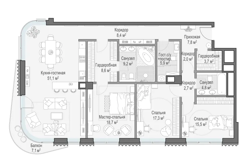 3-комн. 158.1 м²