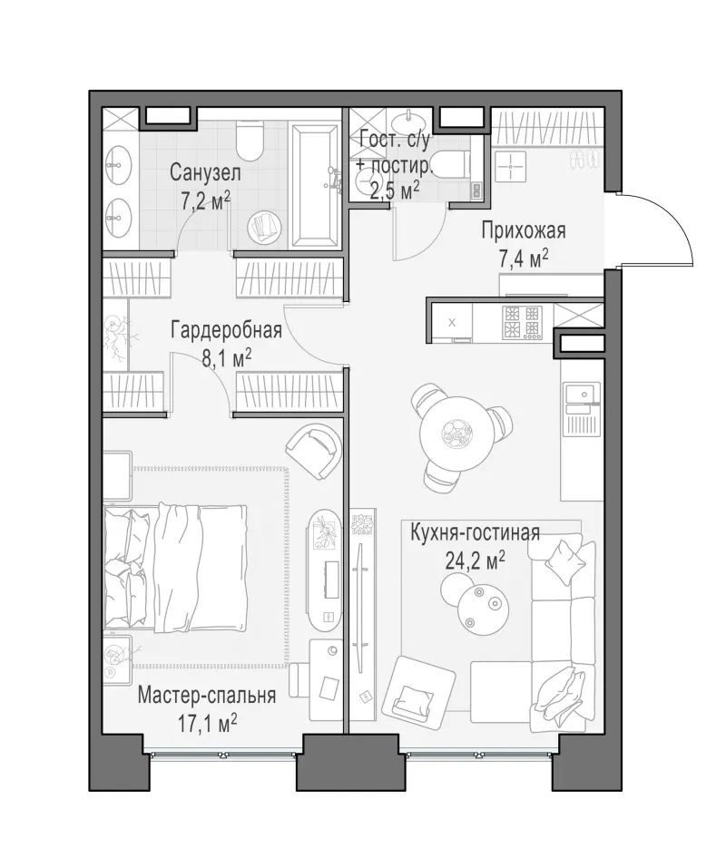 1-комн. 66.7 м²