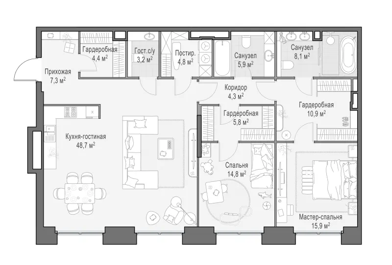 3-комн. 134 м²