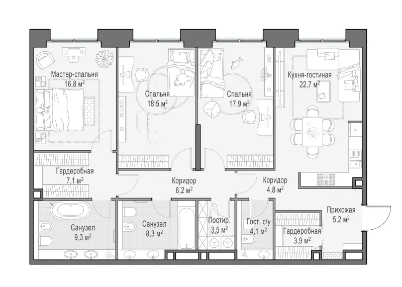 3-комн. 128.5 м²