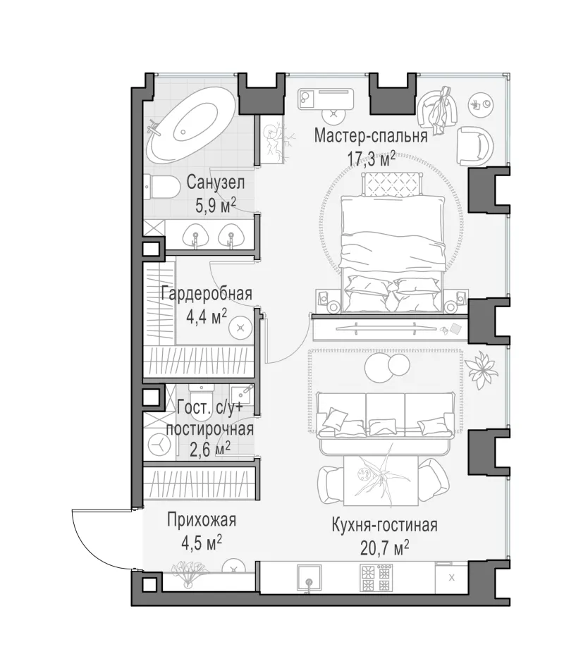 1-комн. 55.5 м²