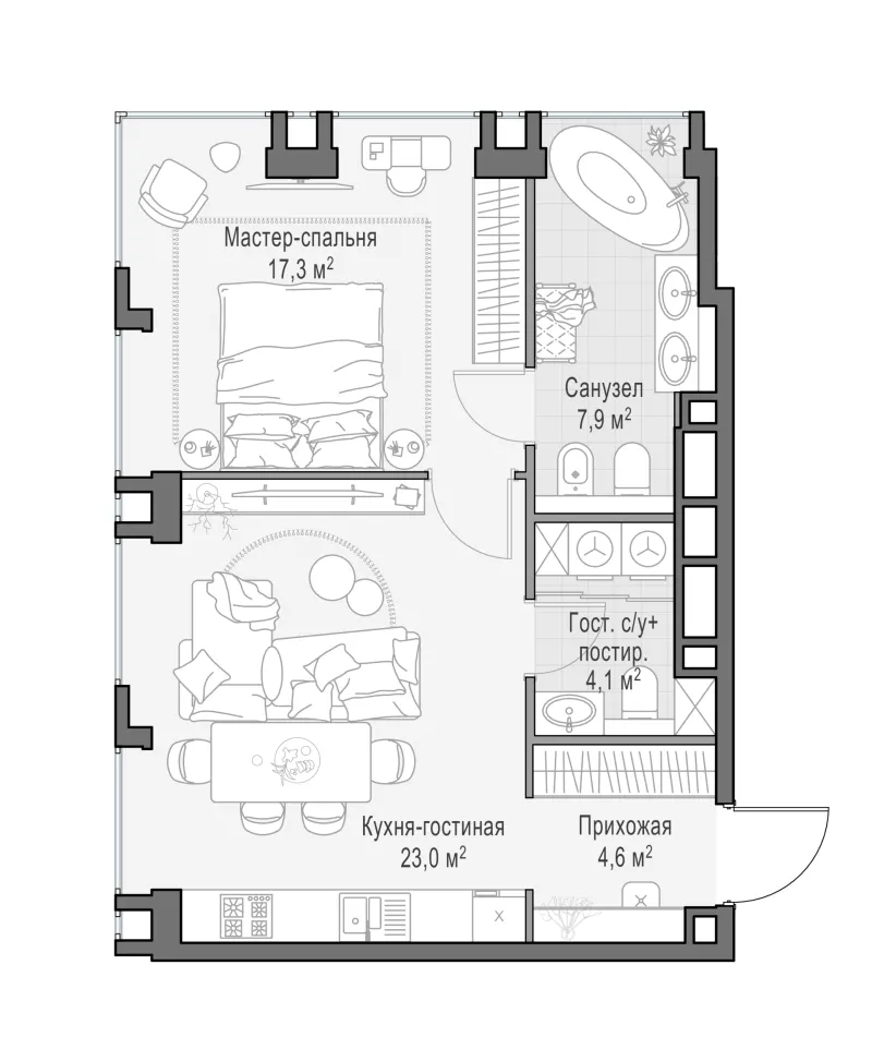 1-комн. 56.8 м²