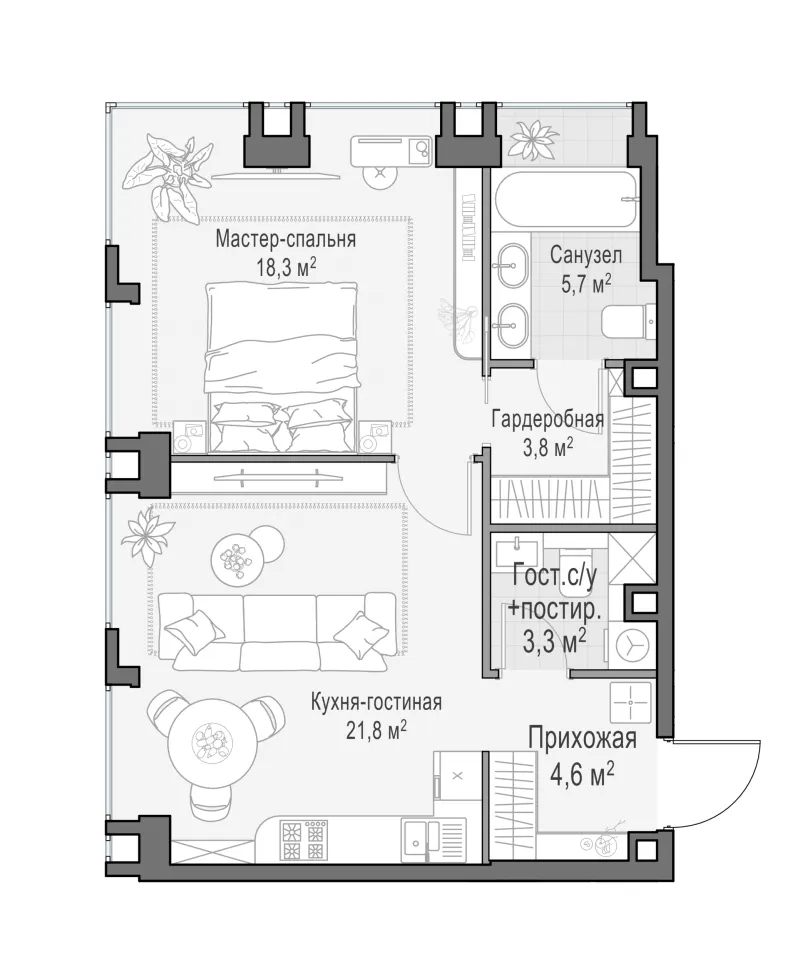 1-комн. 57.6 м²