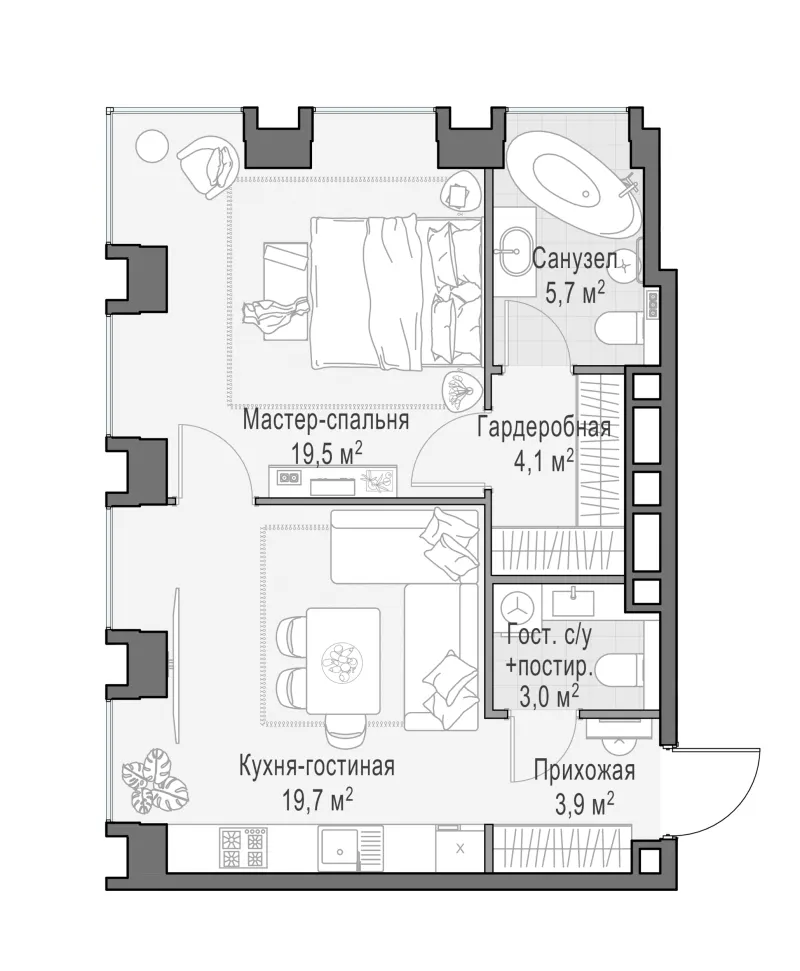 1-комн. 55.7 м²