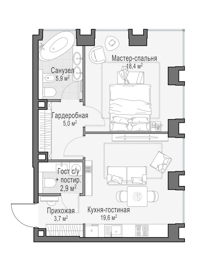 1-комн. 55.5 м²