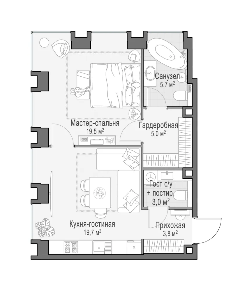 1-комн. 56.5 м²