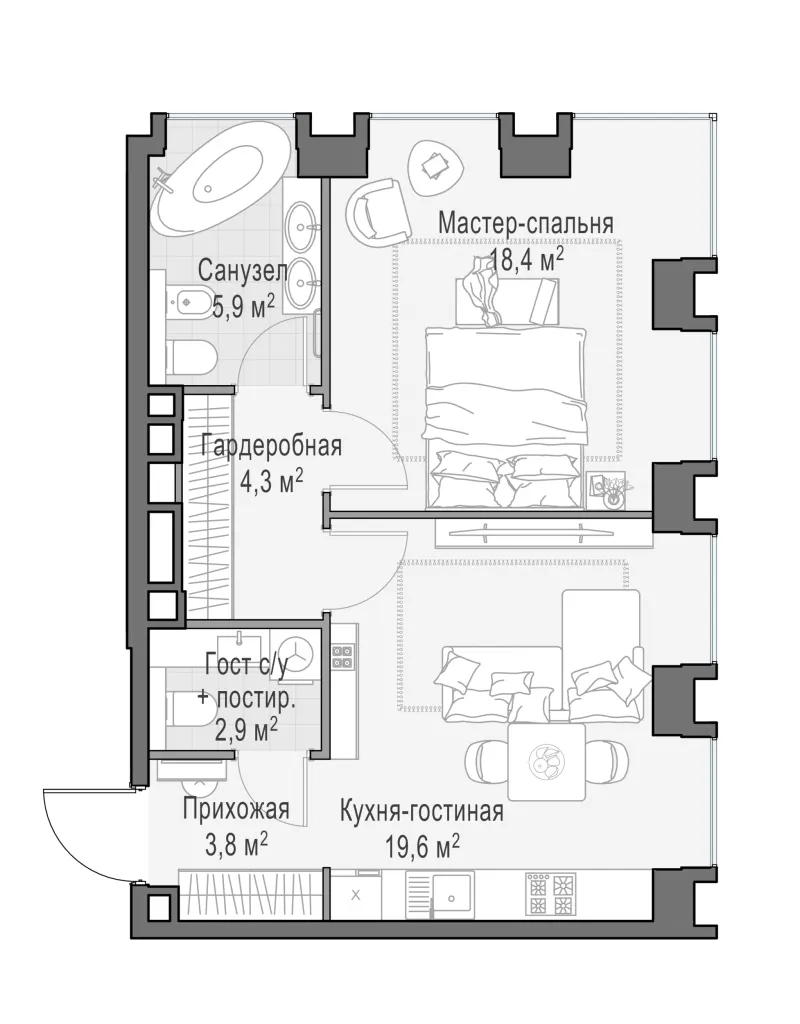 1-комн. 55 м²
