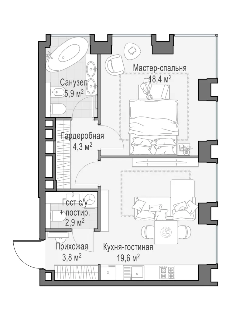 1-комн. 55.1 м²