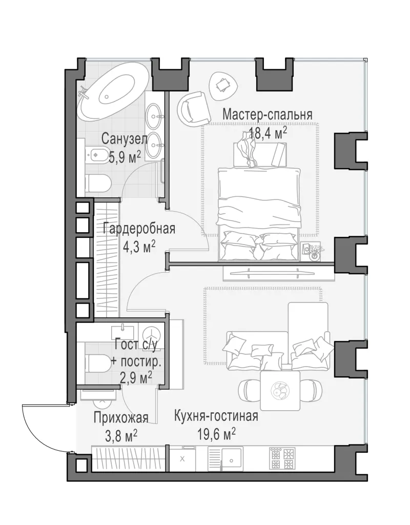 1-комн. 55.1 м²