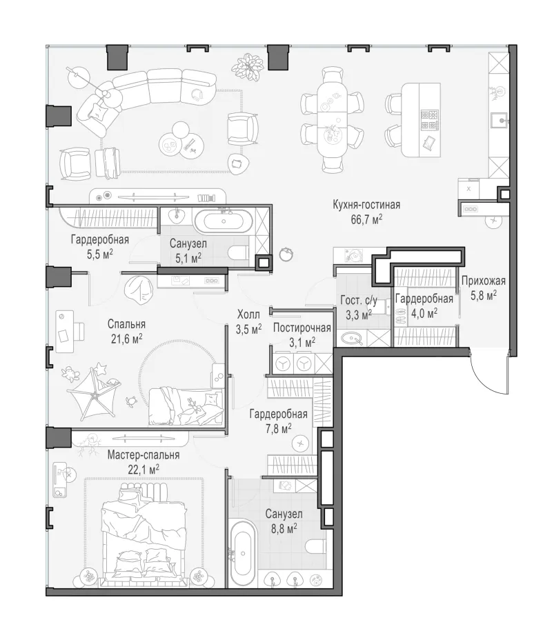 3-комн. 155.5 м²