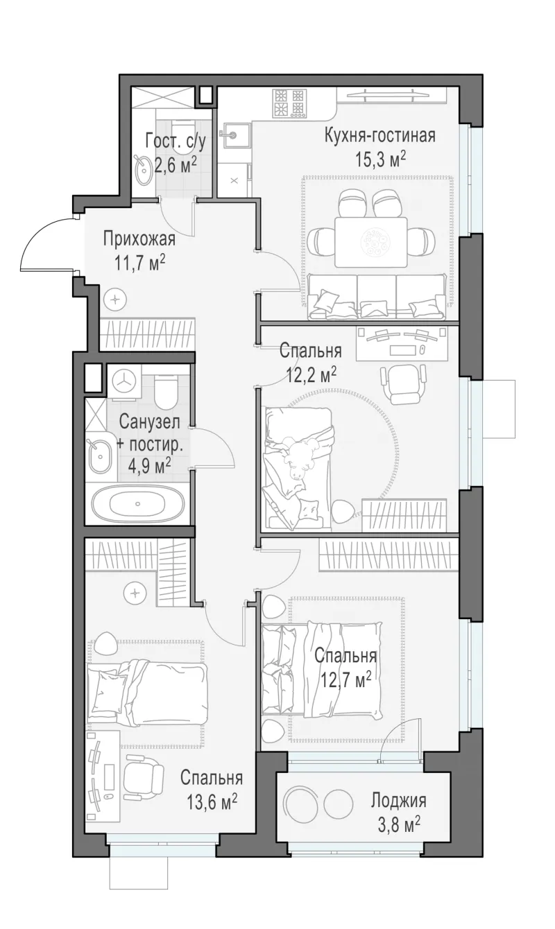 3-комн. 73 м²