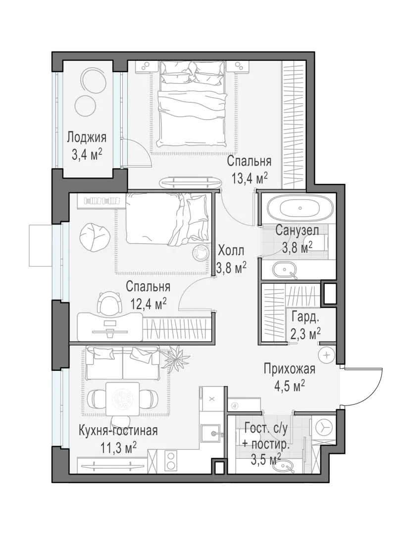 2-комн. 55.1 м²