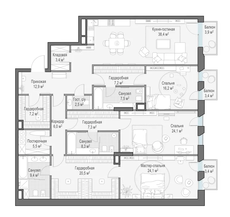 3-комн. 204 м²
