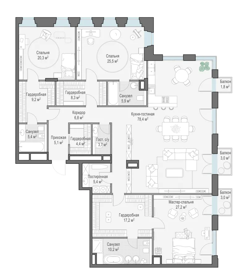 4-комн. 233 м²