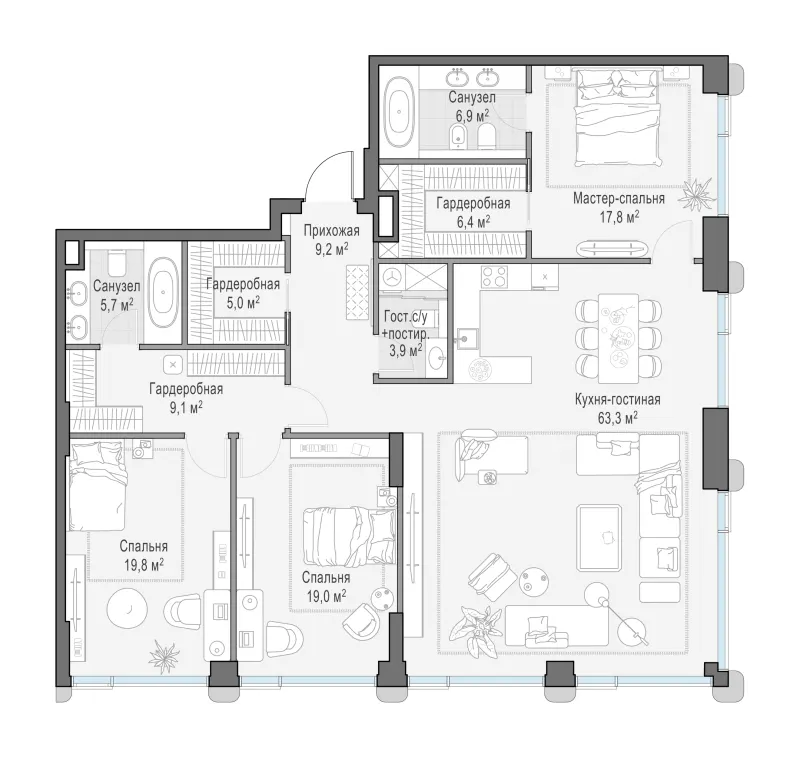 3-комн. 166.2 м²