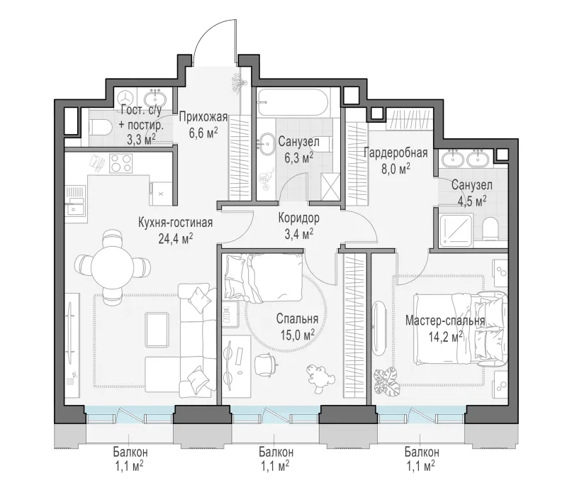 2-комн. 86.7 м²