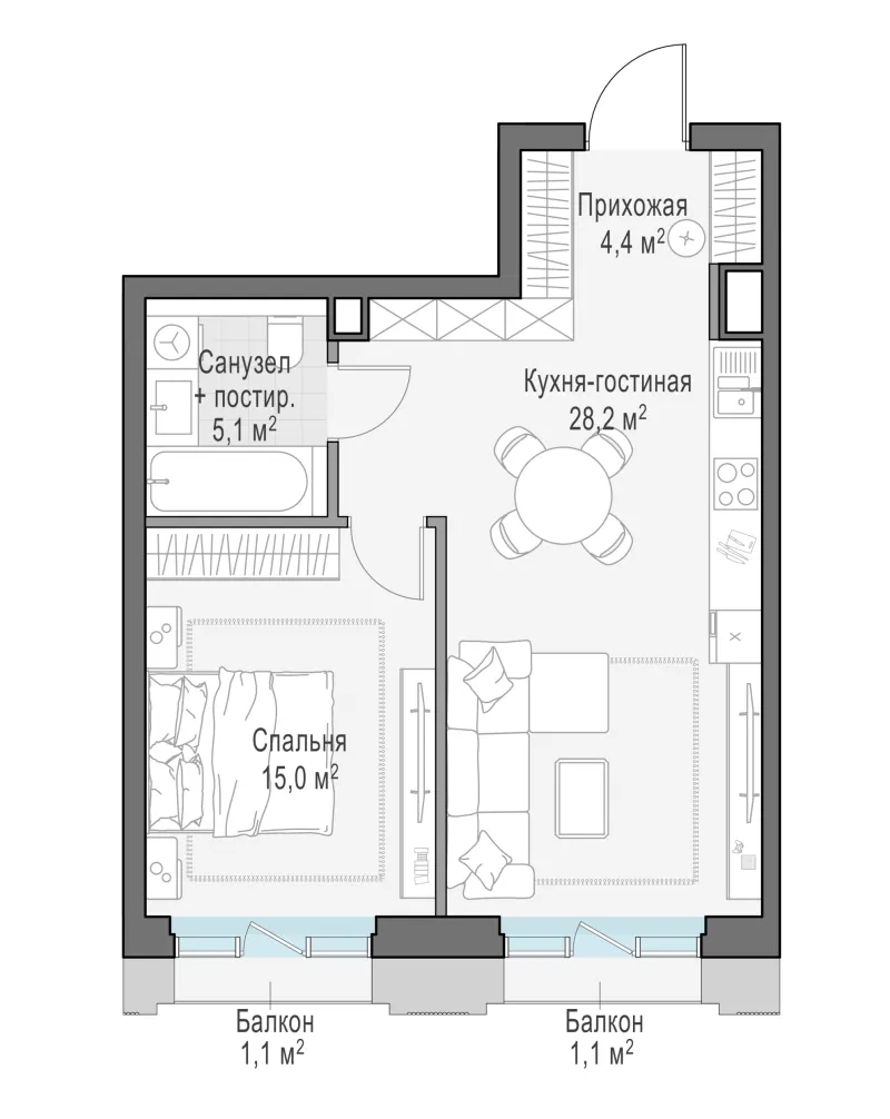 1-комн. 53.4 м²