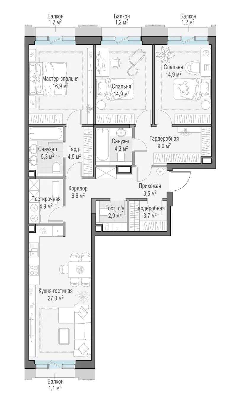 3-комн. 121.3 м²