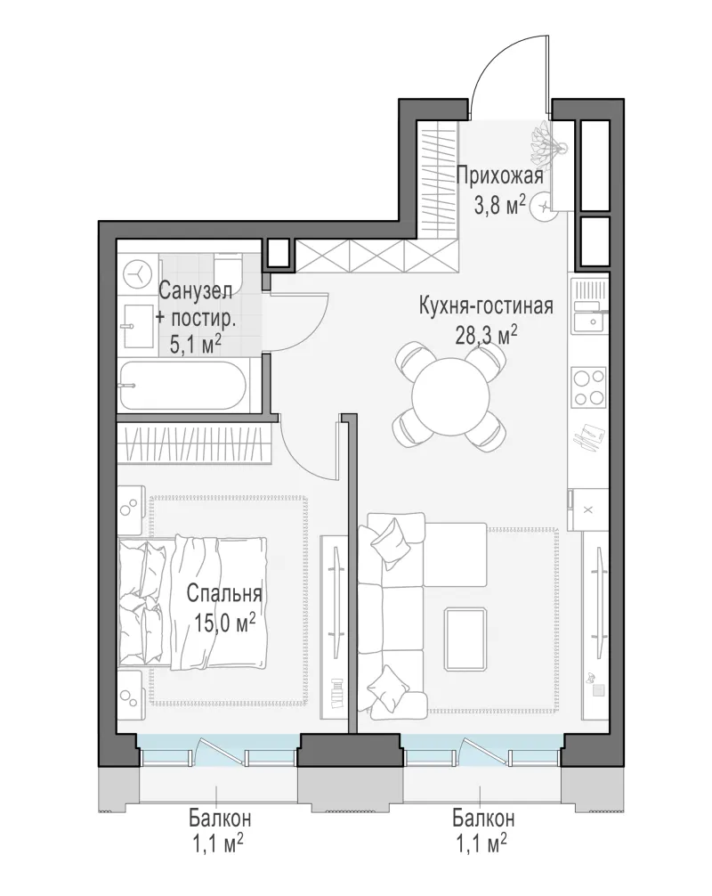 1-комн. 52.8 м²