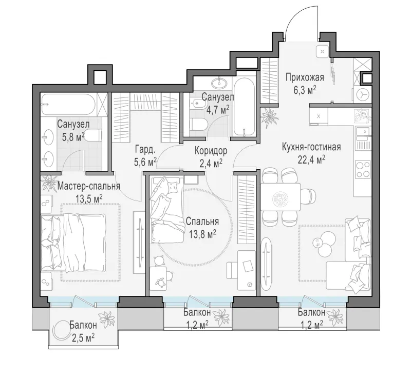 2-комн. 76.1 м²