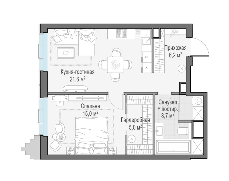 1-комн. 56.3 м²
