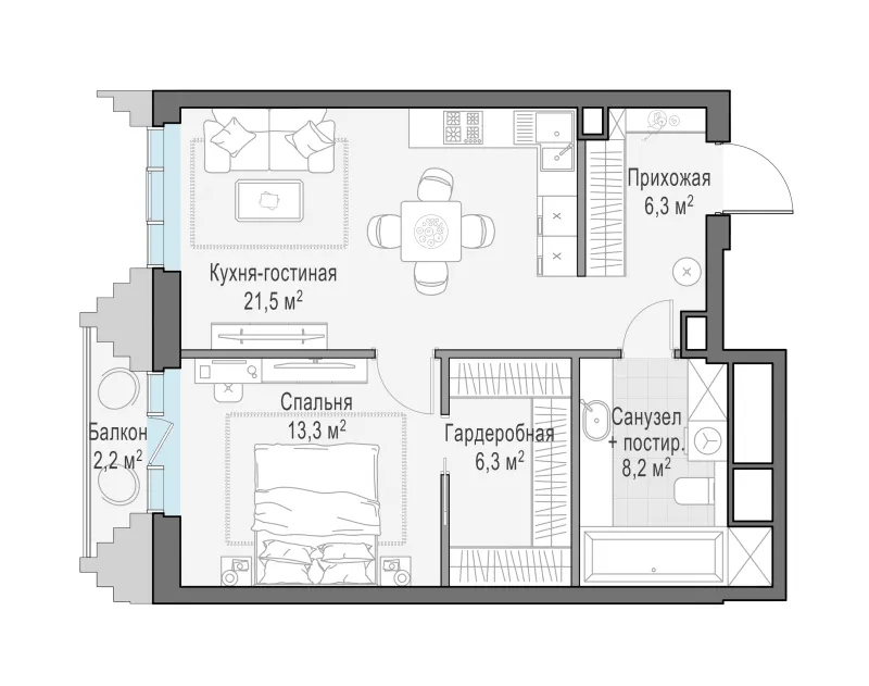 1-комн. 56 м²