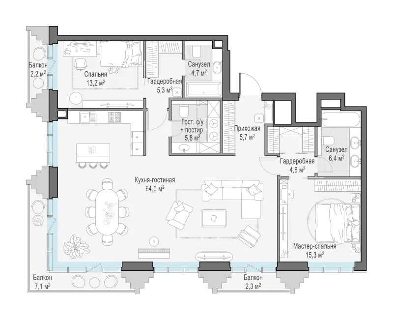 3-комн. 127.5 м²