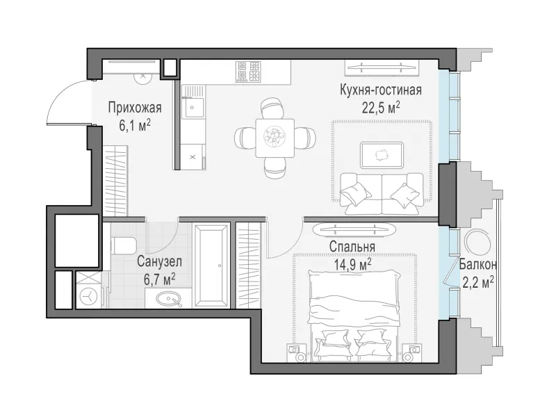 1-комн. 50.9 м²