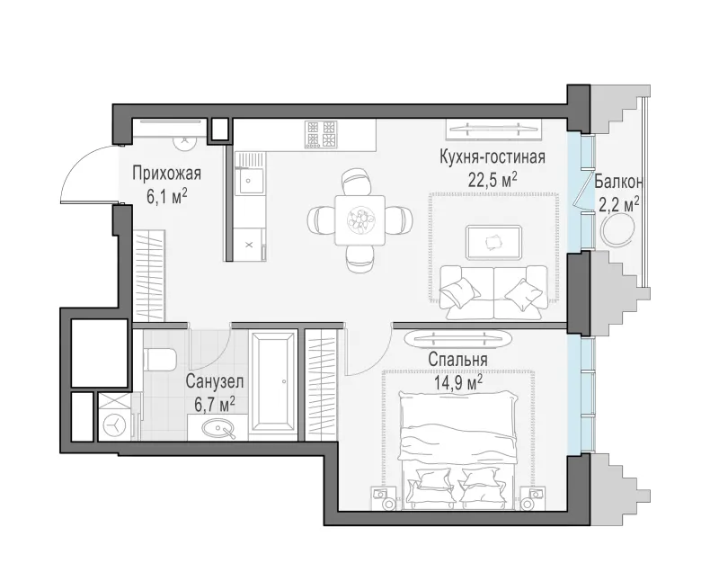 1-комн. 50.9 м²