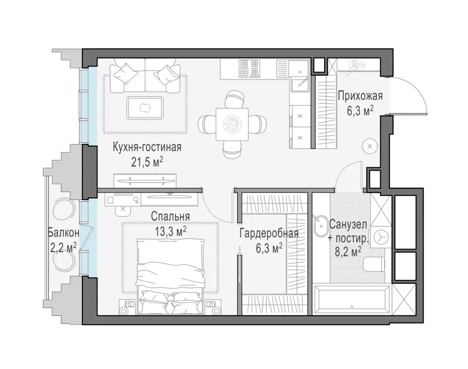 1-комн. 56 м²