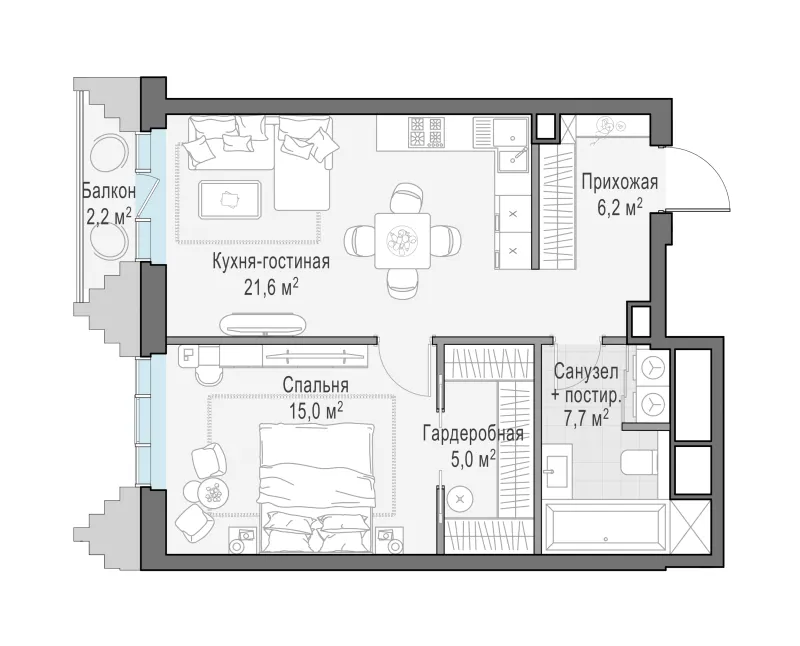 1-комн. 56 м²