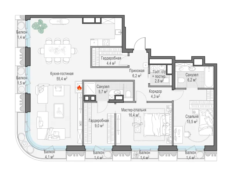 3-комн. 127.6 м²