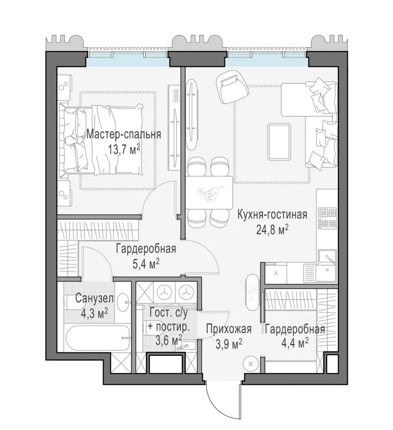 1-комн. 60.3 м²