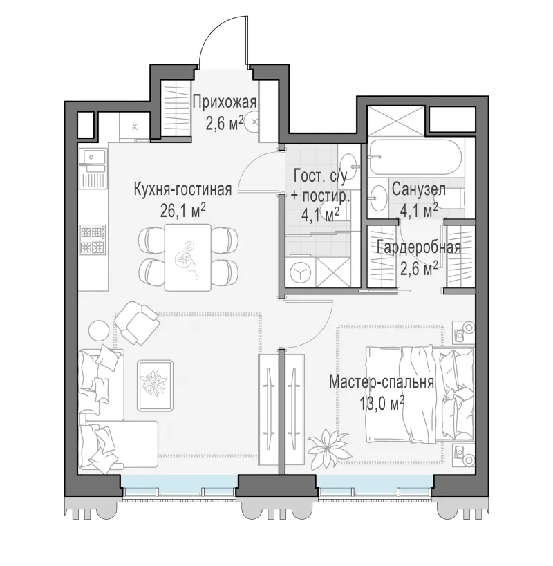 1-комн. 52 м²