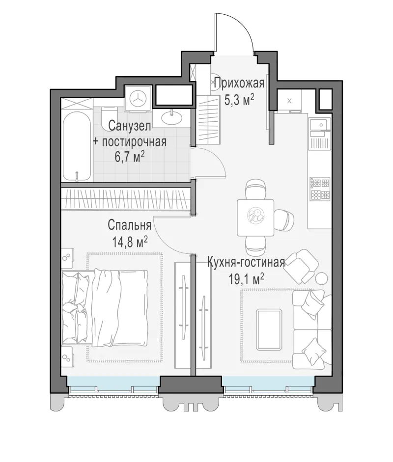 1-комн. 45.6 м²