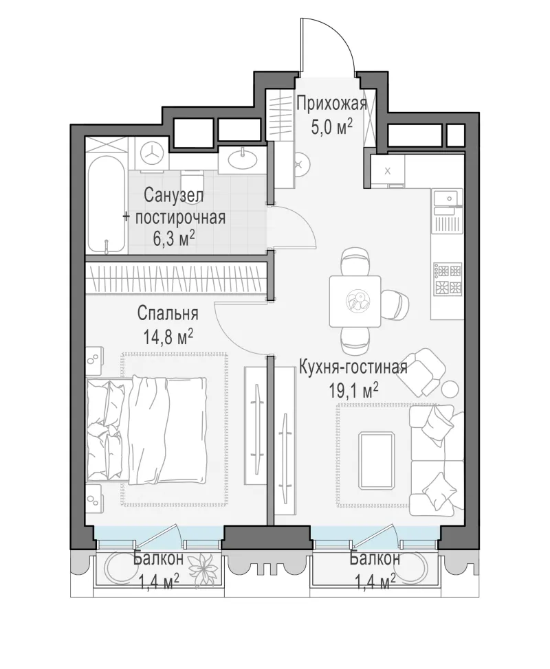 1-комн. 45.7 м²