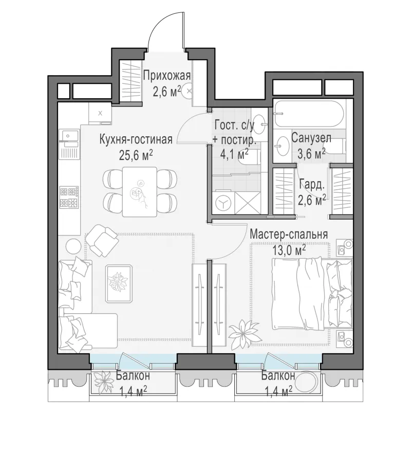 1-комн. 52 м²