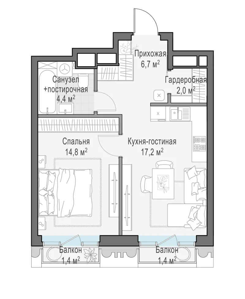 1-комн. 45.7 м²
