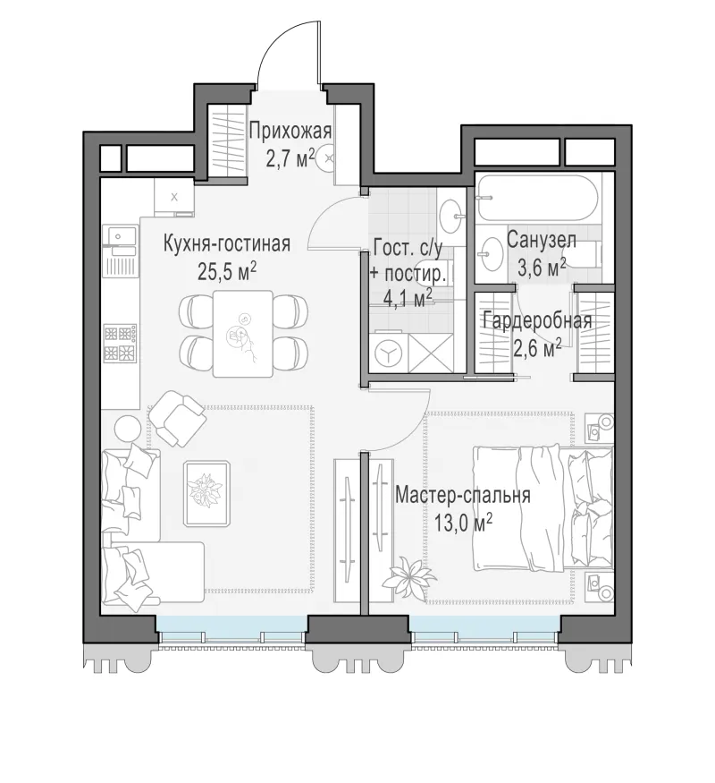 1-комн. 51.2 м²