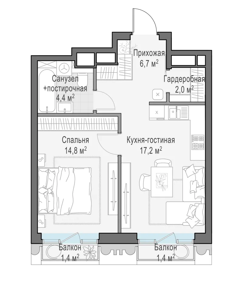 1-комн. 45.7 м²